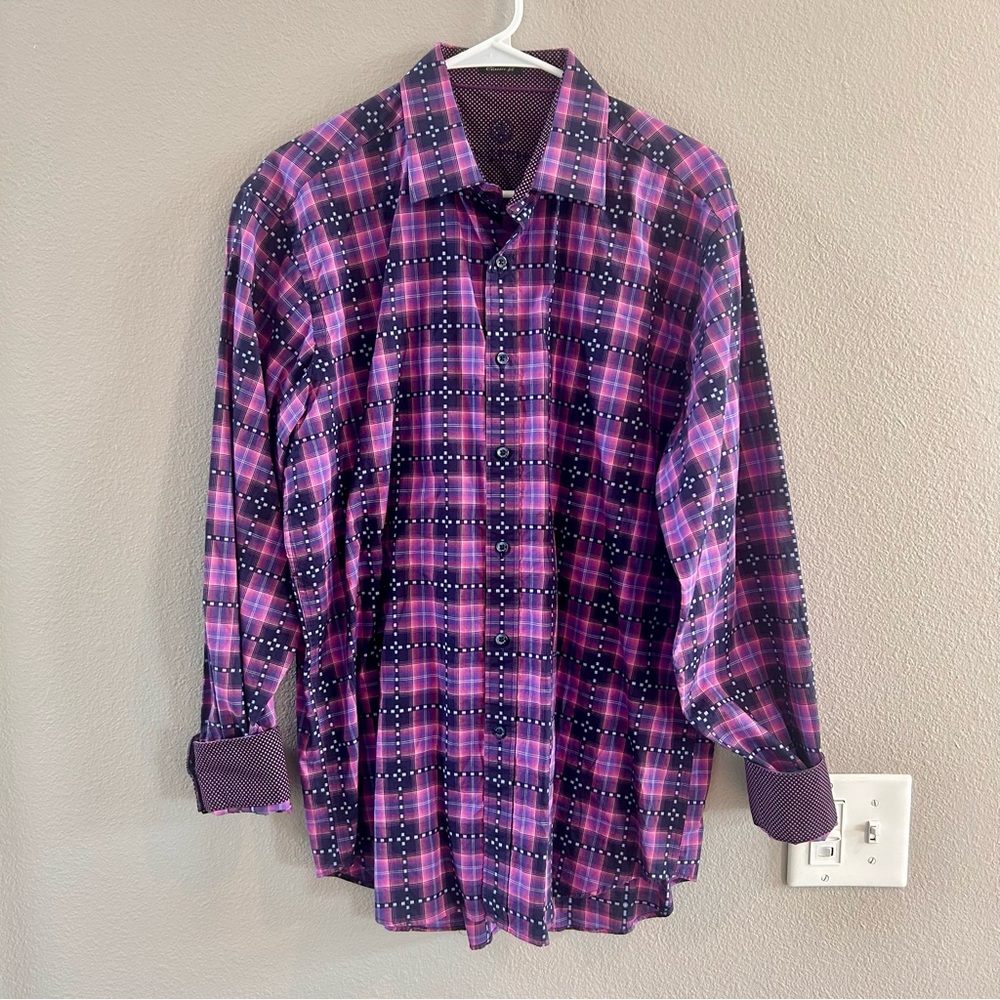 Large Bugatchi Purple and Black Casual Button Down Shirt - Picture 3 of 7